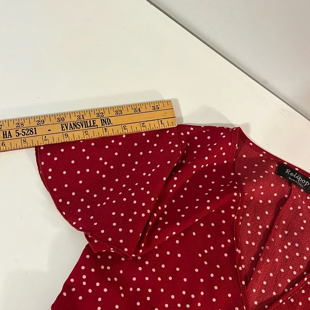 Relipop Women’s Wrap with Ruffle Hem Mini Red with white polka dot Dress - Picture 10 of 13
